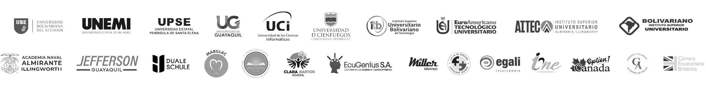 Instituciones aliadas: Universidad Bolivariana del Ecuador, UNEMI, UPSE,
                  Universidad de Guayaquil, UCI, Universidad de Cienfuegos, Instituto Superior
                  Universitario Bolivariano, EuroAmericano Tecnológico Universitario, ATTEC,
                  Academia Naval Almirante Illingworth, Jefferson Guayaquil, Duale Schule,
                  Cardelis, Sigma, Clara Barton School, EcuGenius, Müller, Egali, Opción Canadá
                  y Cámara Ecuatoriano Británica